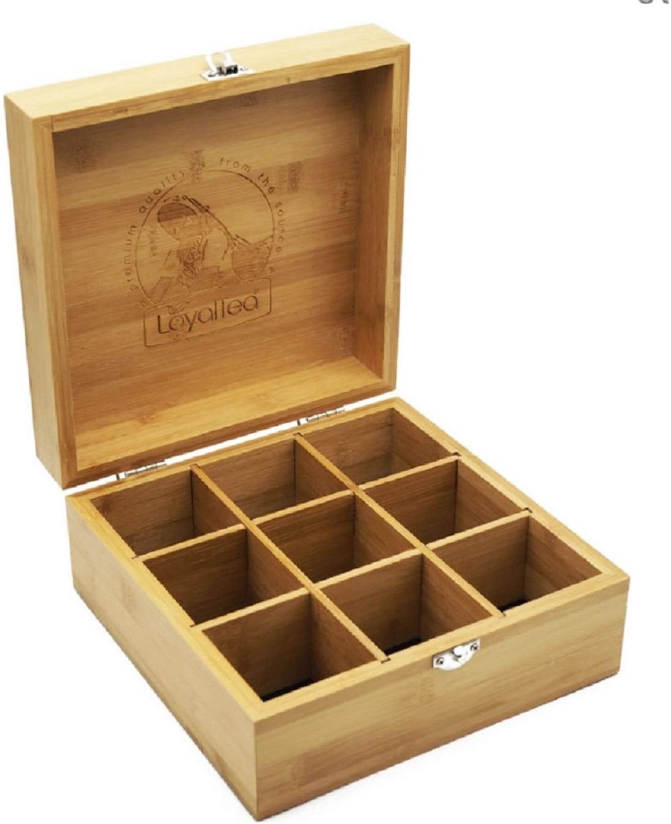 SnelShoppen - Bamboe Theedoos met 9 Vakken - Organiseer Je Thee - Afsluitbaar Deksel - Houtlook - 22x22x10cm - Milieuvriendelijk - Thee Accessoire voo