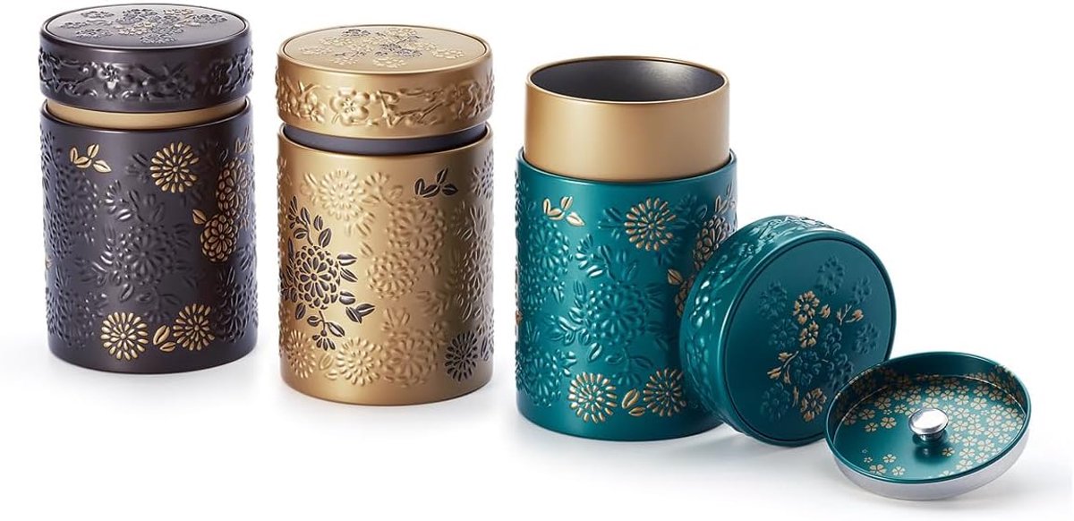 Thijox - YUMIKO Set van 3 Decoratieve Blikdozen met Bloemenreliëf en Gouden Accenten - Perfect voor Opbergen, Feesten, en Decoratie in Diverse Kleuren