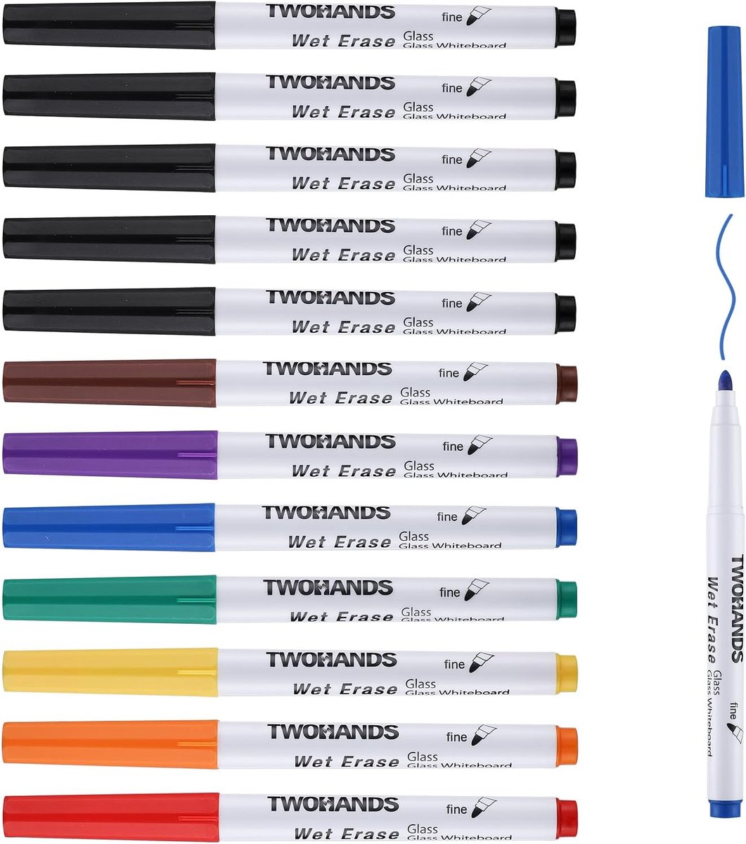 Thijox - Nat uitwisbare stiften met fijne punt, 12 stuks, 8 kleuren, glasstiften voor whiteboards, ramen, spiegels en acryl kalenderplanningsborden