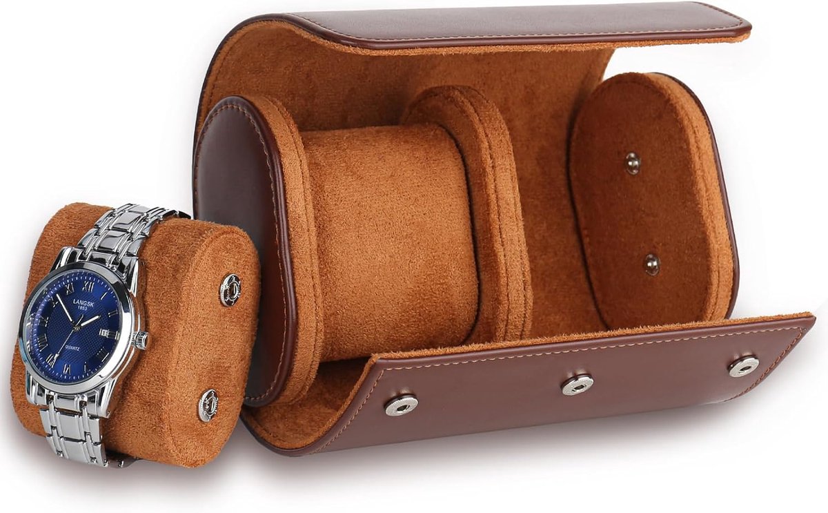 Dailygoods- Horlogeband Echt Leer - Horloge Opbergdoos - Uitneembare Horlogekussens - Bruin - Voor Dames/Heren - 2 Horloges - Horlogeopbergdoos