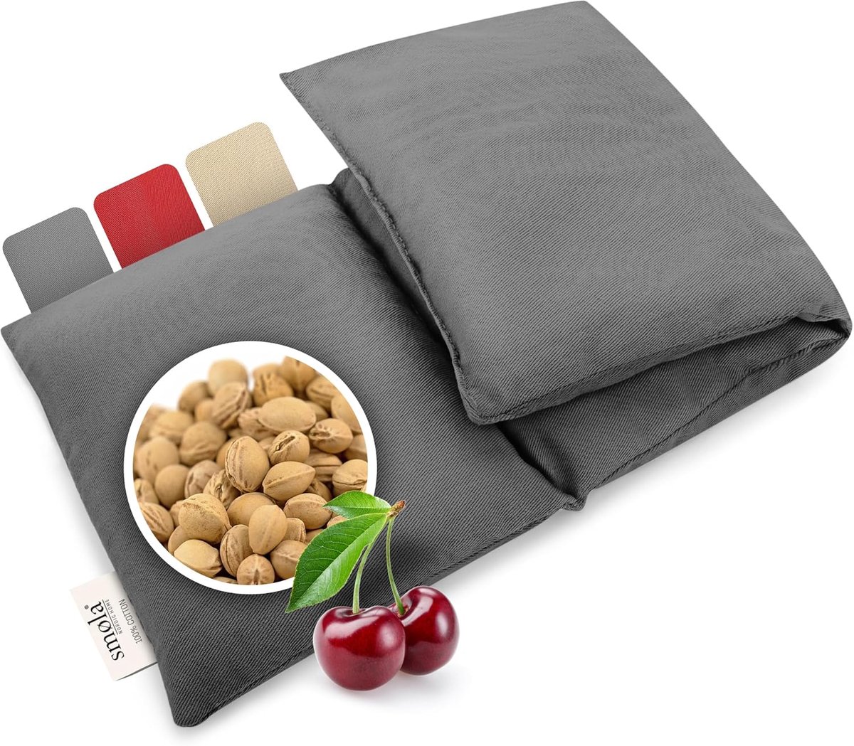 Thijox - Kersenpitkussen Groot 47x19 cm - 3-Kamer Korrelkussen voor Rug, Nek en Schouder - Natuurlijke Warmwaterkruik van Kersenpitten - Edelgrijs - 8