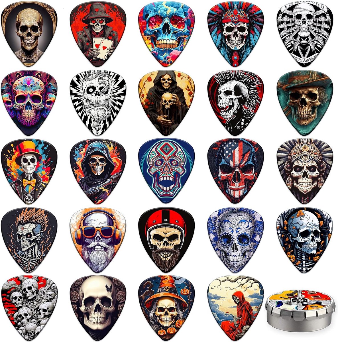 Thijox - Gitaar Plectrums 24 Pack Skull - 0.46/0.71/0.96/1.20mm - Celluloid Plectrums voor Akoestische Gitaar, Bas, Elektrische Gitaar, Ukelele - Mix-