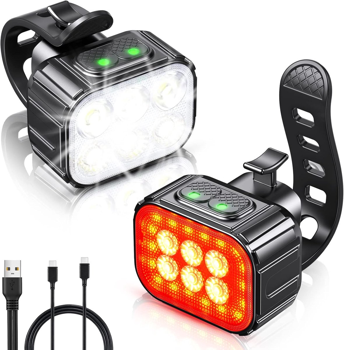 SnelShoppen - Fietsverlichting Set - USB Oplaadbare IP65 Waterdichte LED Voor- en Achterlampen met Spotlight en Floodlight, 20 Modus, Superhelder, Vei