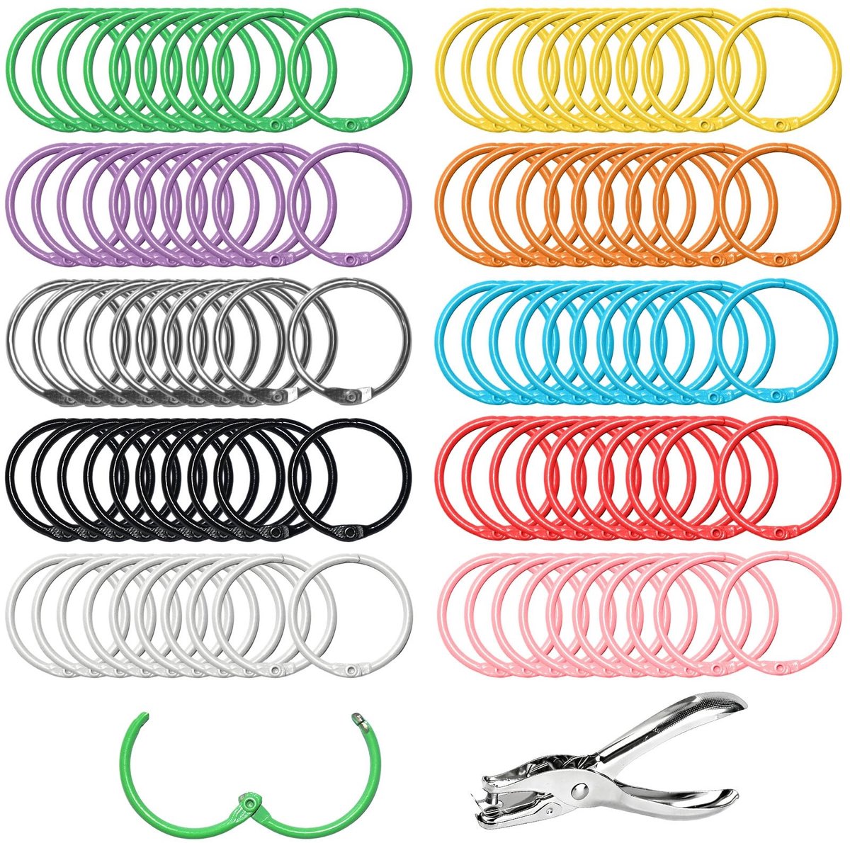 Dailygoods- Boekringen 30 mm - 100 Stuks - Kleurrijke Ringband - Bladconnector - Metalen Boekbinderingen - Inclusief Perforator 6 mm