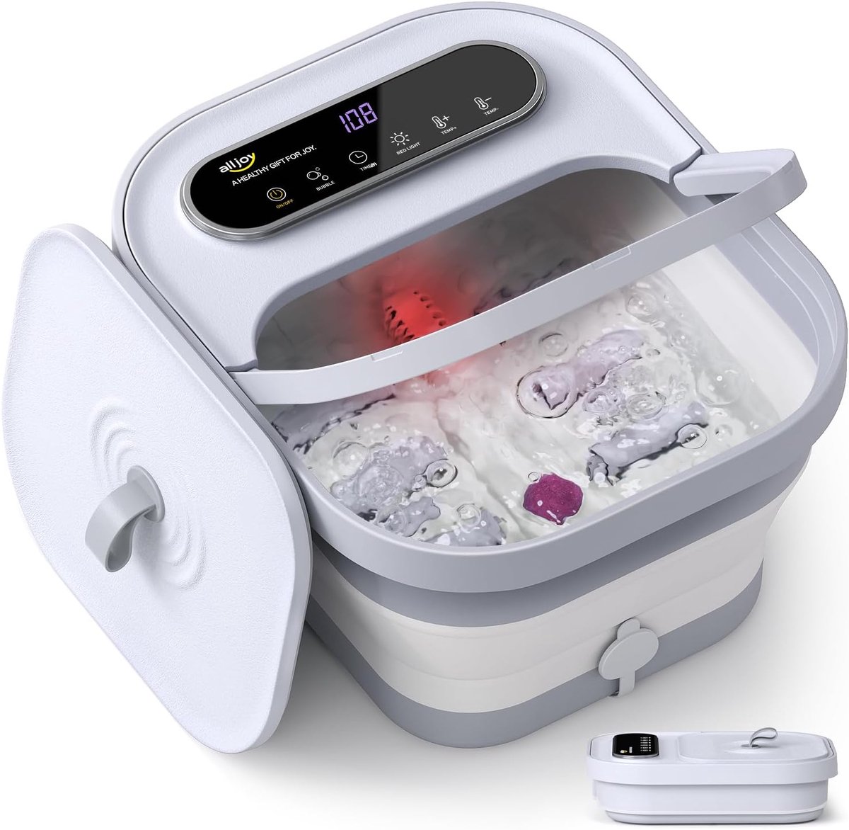Thijox - Opvouwbaar Voetbad met Verwarming, 24 Temperatuurstanden (35-48 °C), 6 Massagerollen, Rood Licht & Puimsteen voor Pedicure, Voetmassageappara