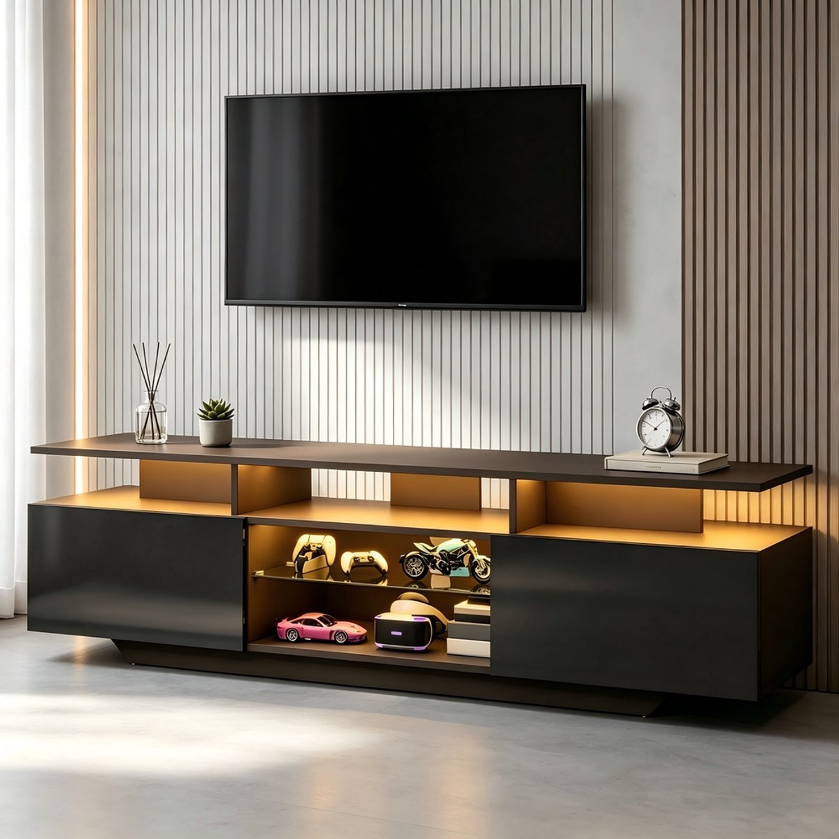 KOMHTOM TV-Meubel - Zwart Hoogglans - LED Verlichting - 160x40x45 cm - 2 Kasten 8 Vakken -