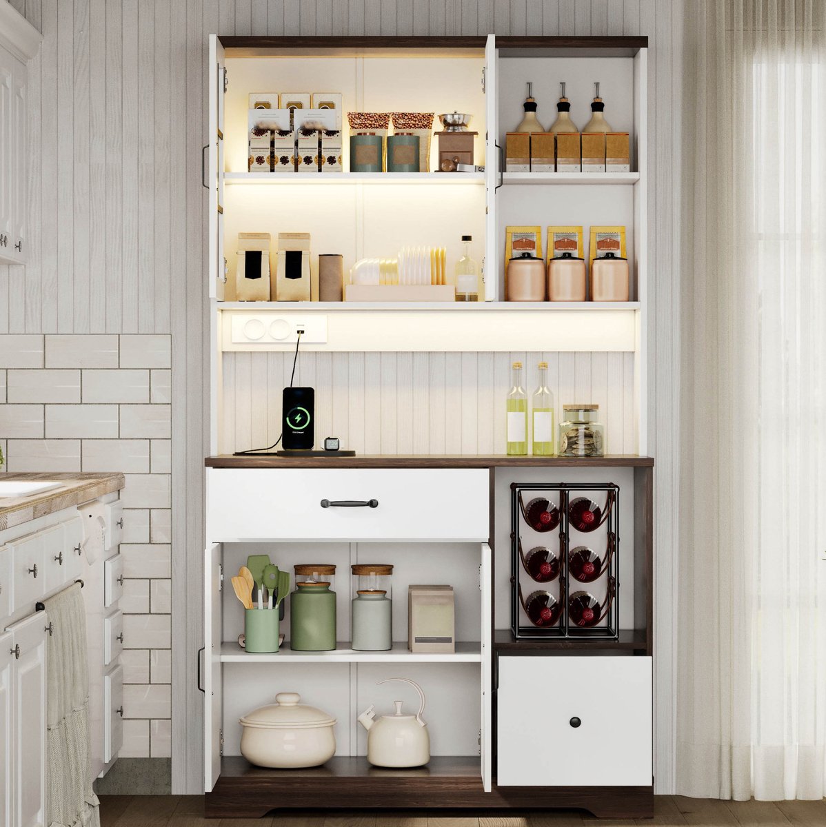 MIVRAY Keukenkast - Hoge Opbergkast Met Ledverlichting, Stopcontacten En Lades - Voor Keuken En Woonruimte - MDF - Naturel Wit - 105x40x185 Cm