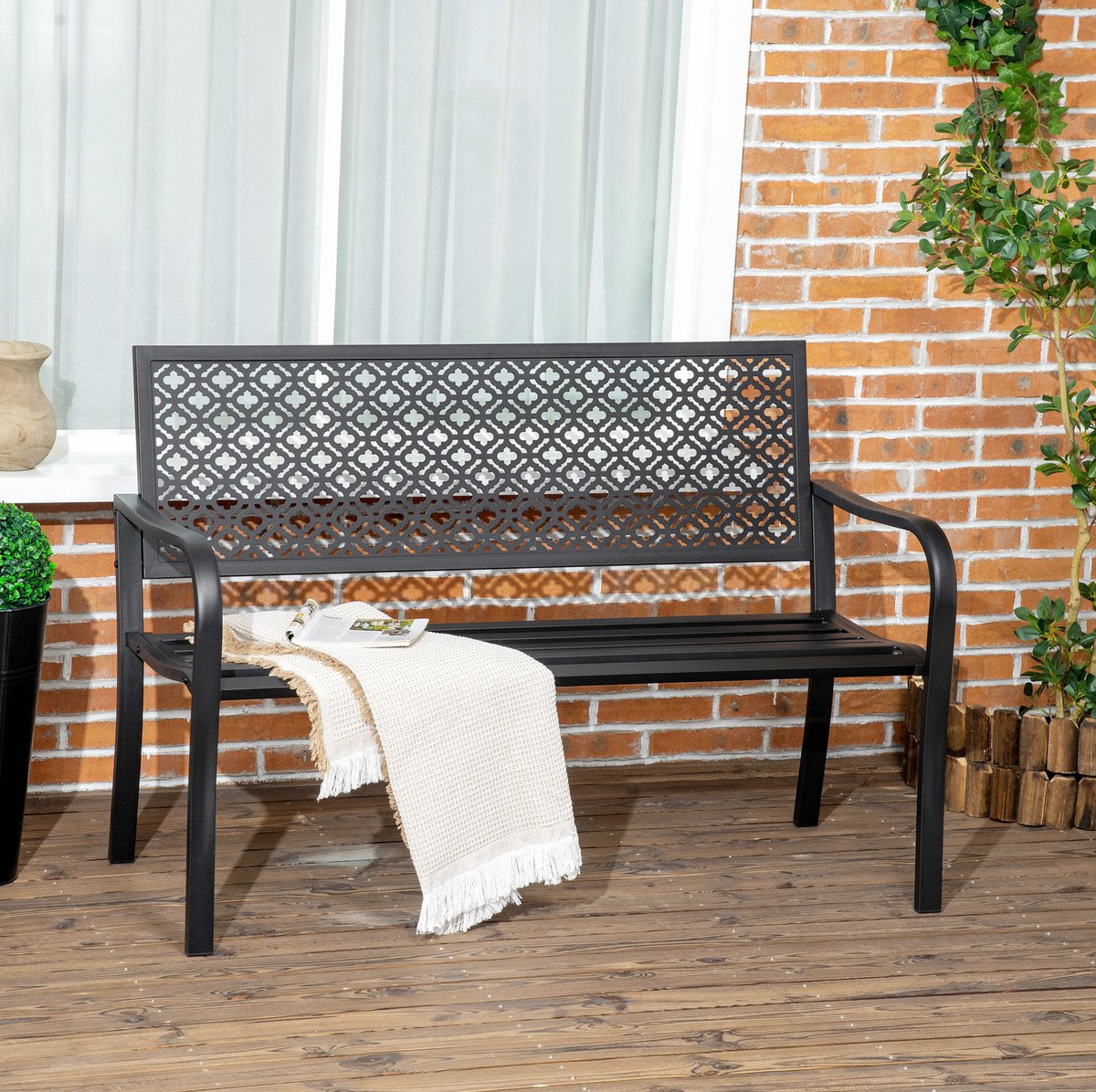 MEUNIQ Tuinbank 2-zits 127 x 63 x 83 cm met rugleuning en armleuningen, stalen tuinbank voor tuin, terras of balkon, zwart