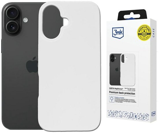 3mk Hardy MagSilicone hoesje voor iPhone 16 Plus in het wit, met "Military Grade DROP TEST MIL-STD-810H" logo op de verpakking.