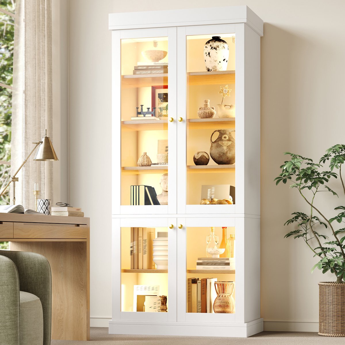 MIVRAY Keukenkast - Hoge Kast Met Led Verlichting En Glasdeuren - Voor Woonkamer, Slaapkamer En Kinderkamer - Mdf - Wit - 80x40x180 Cm