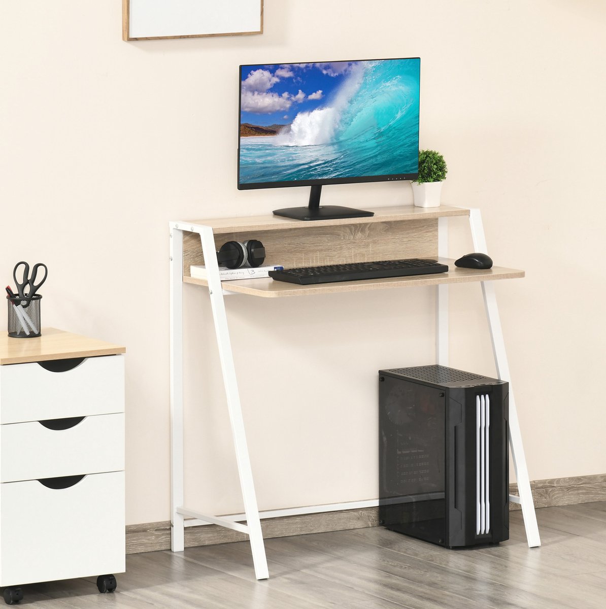 MEUNIQ Bureau 84 x 45 x 85 cm met opbergrek en kabeldoorvoer, computertafel voor thuiskantoor en werkkamer, wit