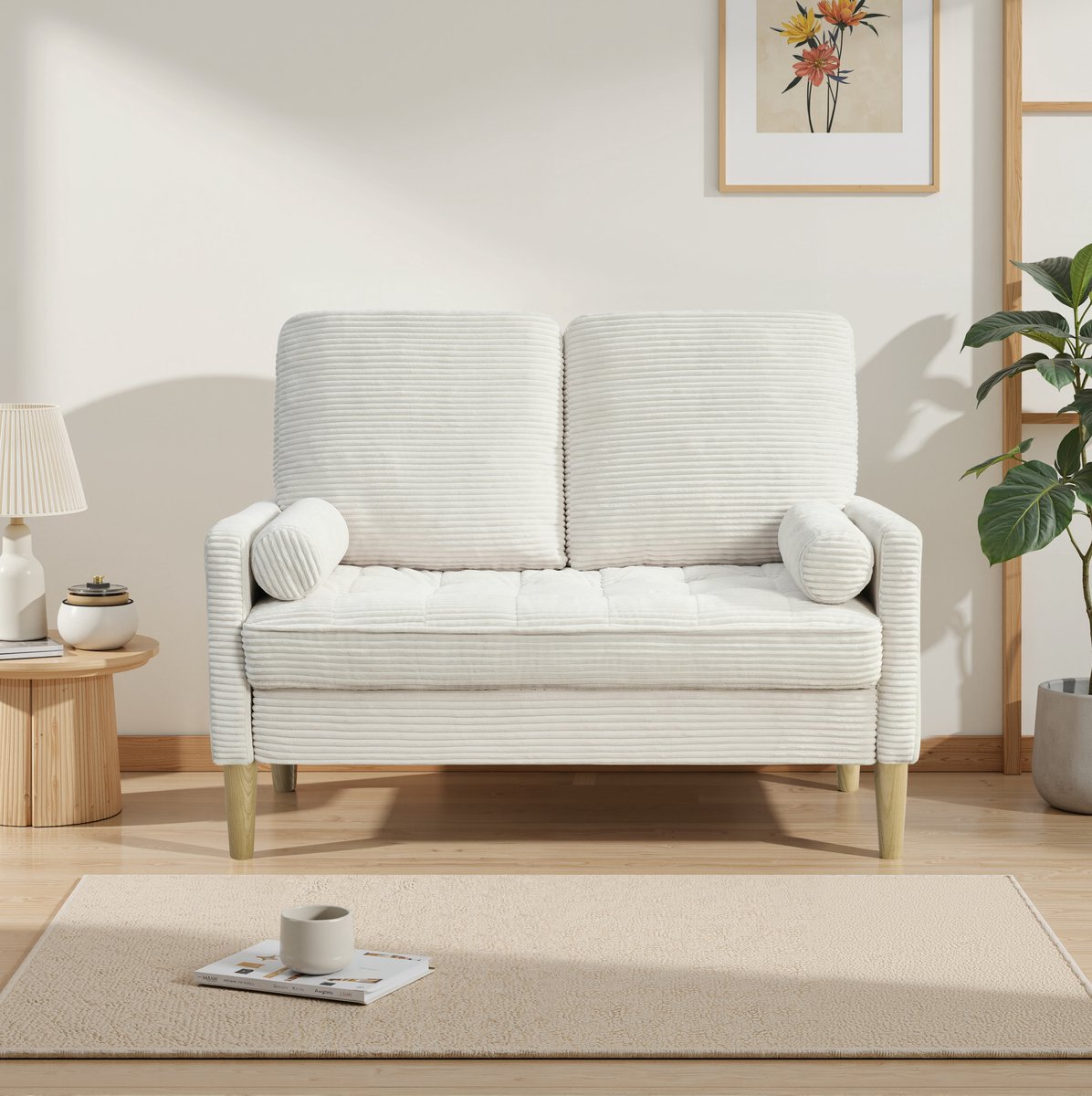 FloraGrace Zitbank 121 Cm - 2-Zits Loveseat Met Zachte Corduroy Bekleding - Scandinavisch Voor Woonkamer Of Slaapkamer - Hout En Stof - Beige