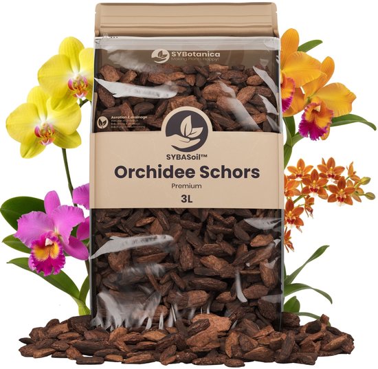 Sac 'SYBotanica Orchid Bark' entouré d'orchidées jaunes, roses et oranges.