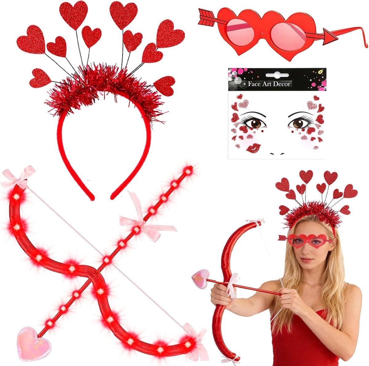 Amor Kostuum voor Dames en Kinderen, Rood Carnaval Outfit met Hoofdband, Hartbril en LED Pijl en Boog voor Valentijnsdag en Feestdagen