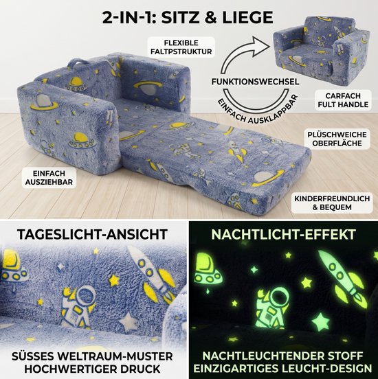 MIVRAY Fauteuil 106 x 65 x 28,5 cm - Opklapbare Kinderfauteuil Met Lichtgevend Ruimtemotief - Voor Lezen En Rusten - Stof Blauw Groen Wit van MIVRAY — afbeelding 4