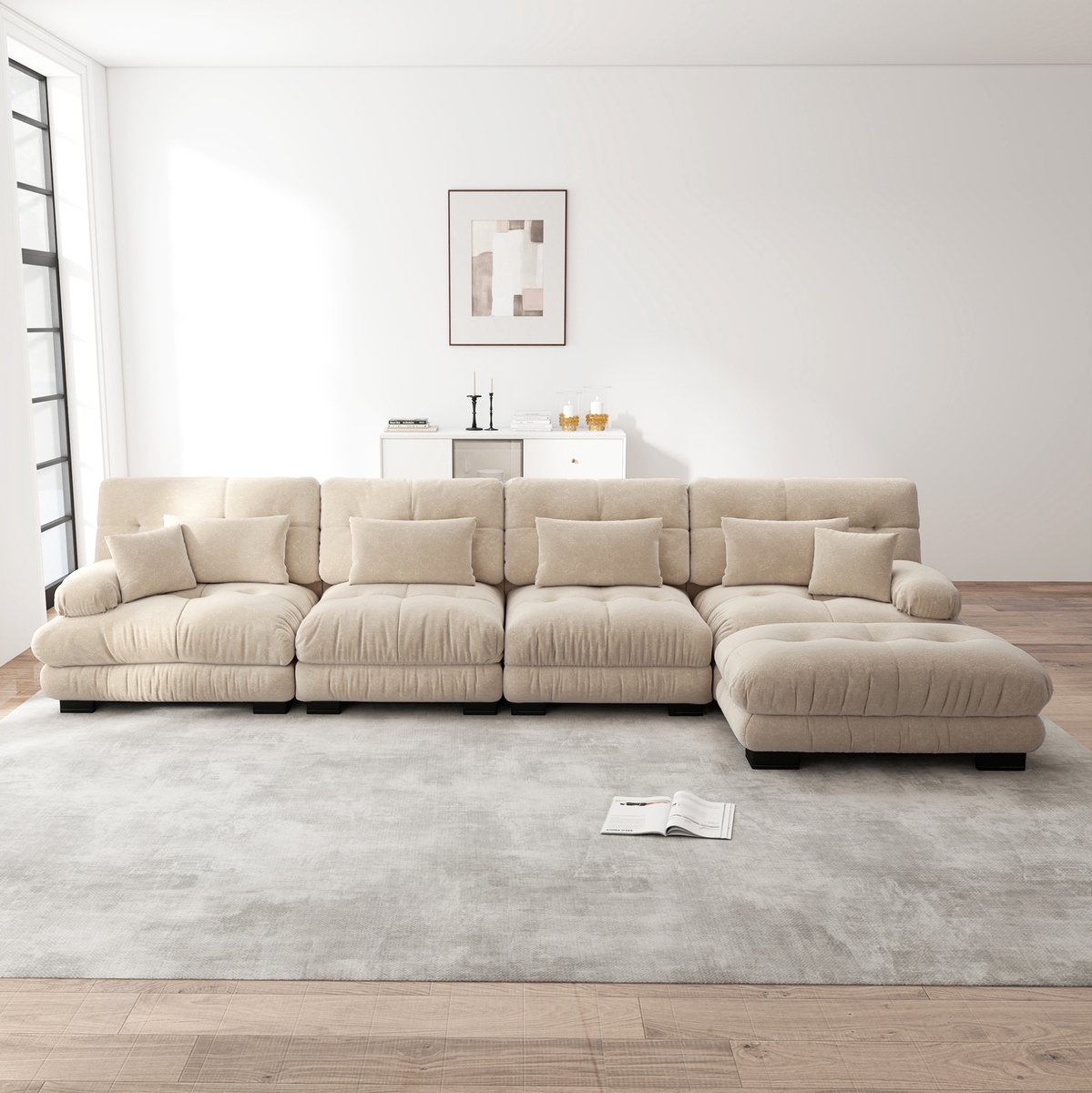 MIVRAY Hoekbank 406 x 145 cm - Modulaire 4-Zits Bank Met Bewegelijke Ottoman En Cloud Comfort - Voor Woonkamer - Chenille Lichtkoffie