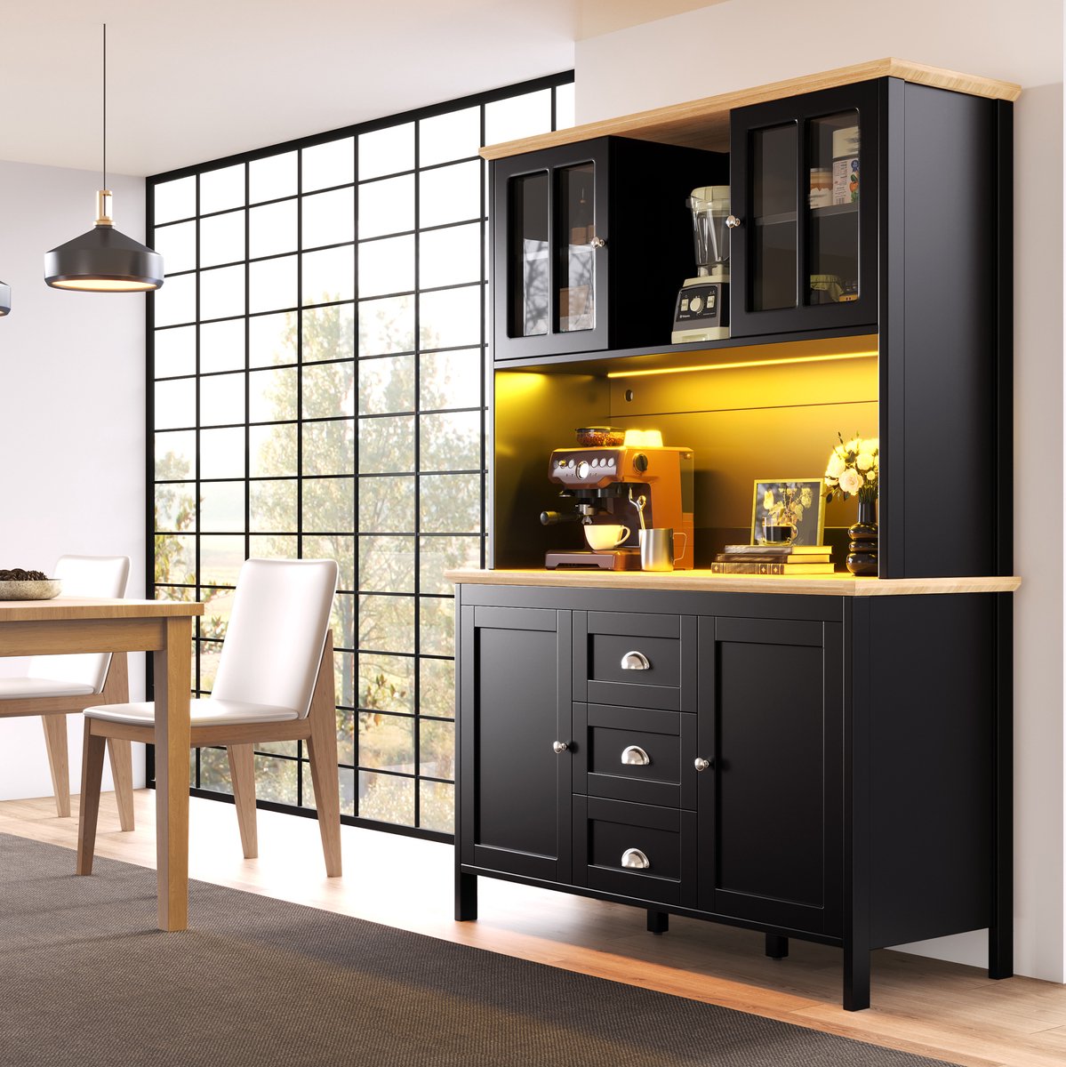MEUNIQ buffetkast 120 x 40 x 179 cm met LED-verlichting, 4 deuren, 3 lades en open vak, hoge opbergkast voor keuken, woonkamer of hal, zwart