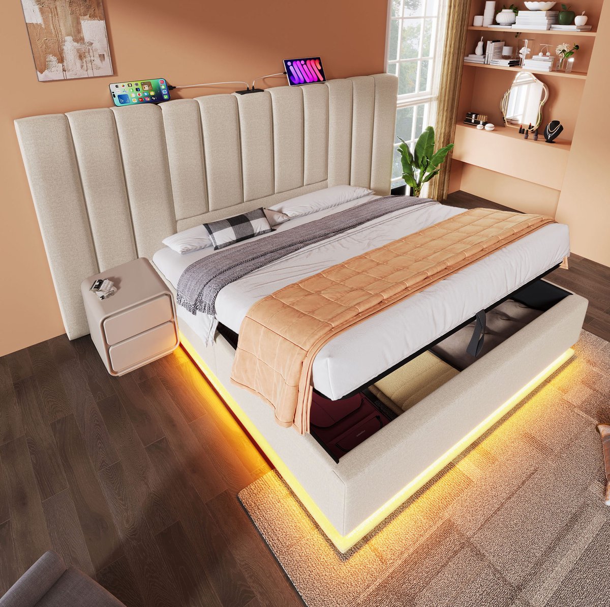 MEUNIQ tweepersoons bed 160x200 met opbergruimte, LED-verlichting en 3 USB + 1 USB-C, bedframe met lattenbodem en hydraulische opbergruimte voor slaapkamer, beige