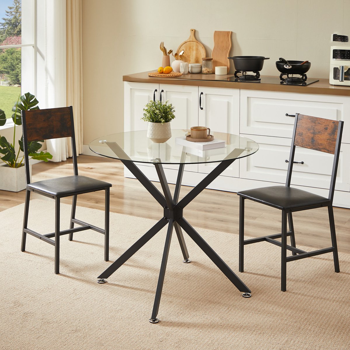 HAUSS SPOLE Eettafel - Ronde Tafel Van Gehard Glas Voor 1 Tot 4 Personen - Compact Voor Keuken En Woonkamer - Metaal - 80x80x78 Cm - Zwart