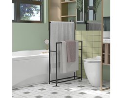 MEUNIQ Vrijstaande handdoekhouder met 2 handdoekstangen, metalen handdoekrek voor badkamer, 66 x 20 x 110 cm, zwart, met anti-slip voeten