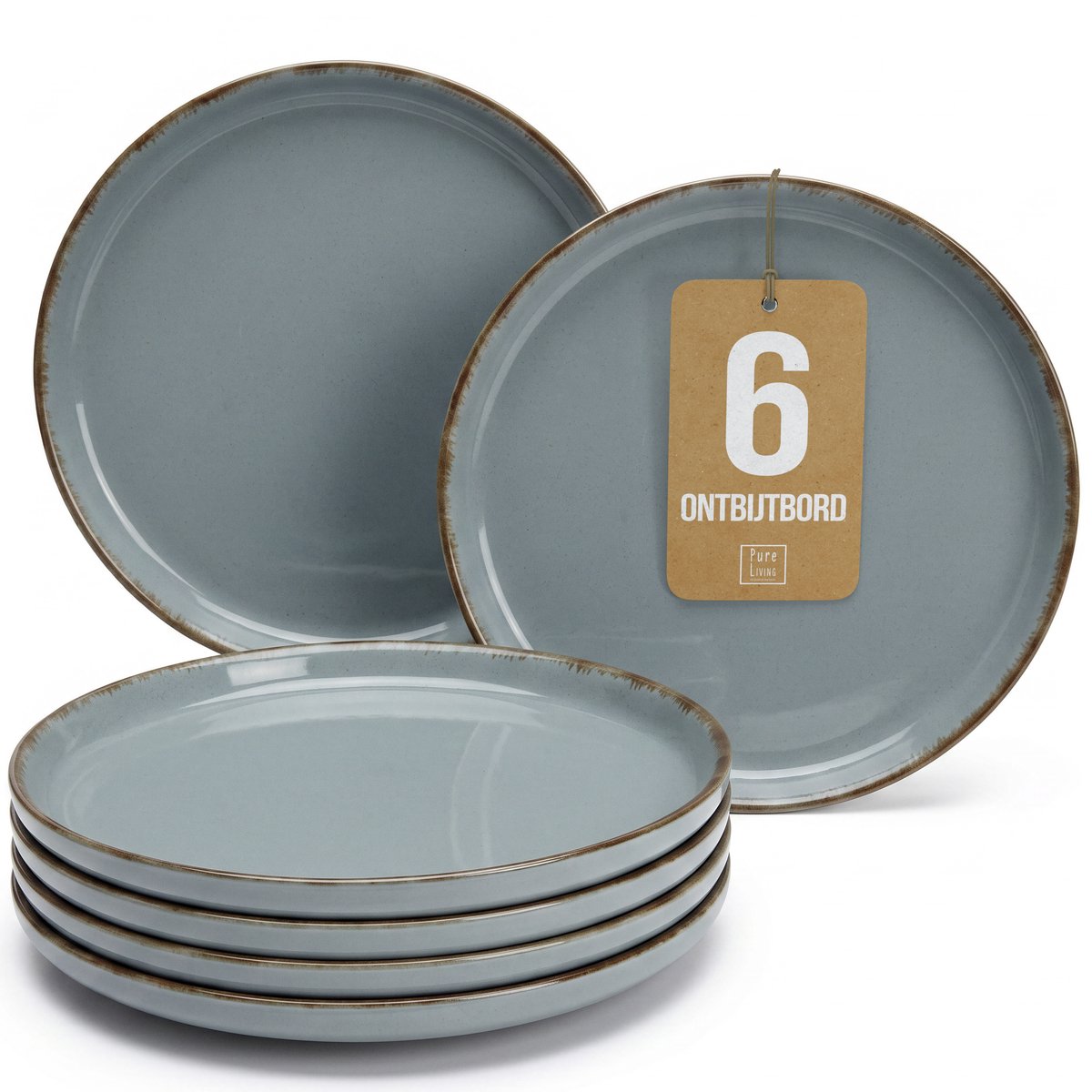 Pure Living Rustic Dessertborden - Rookblauw - Set Van 6 (Ø 20 cm) - Massief Aardewerk - Landelijk Design - Magnetron & Vaatwasserbestendig