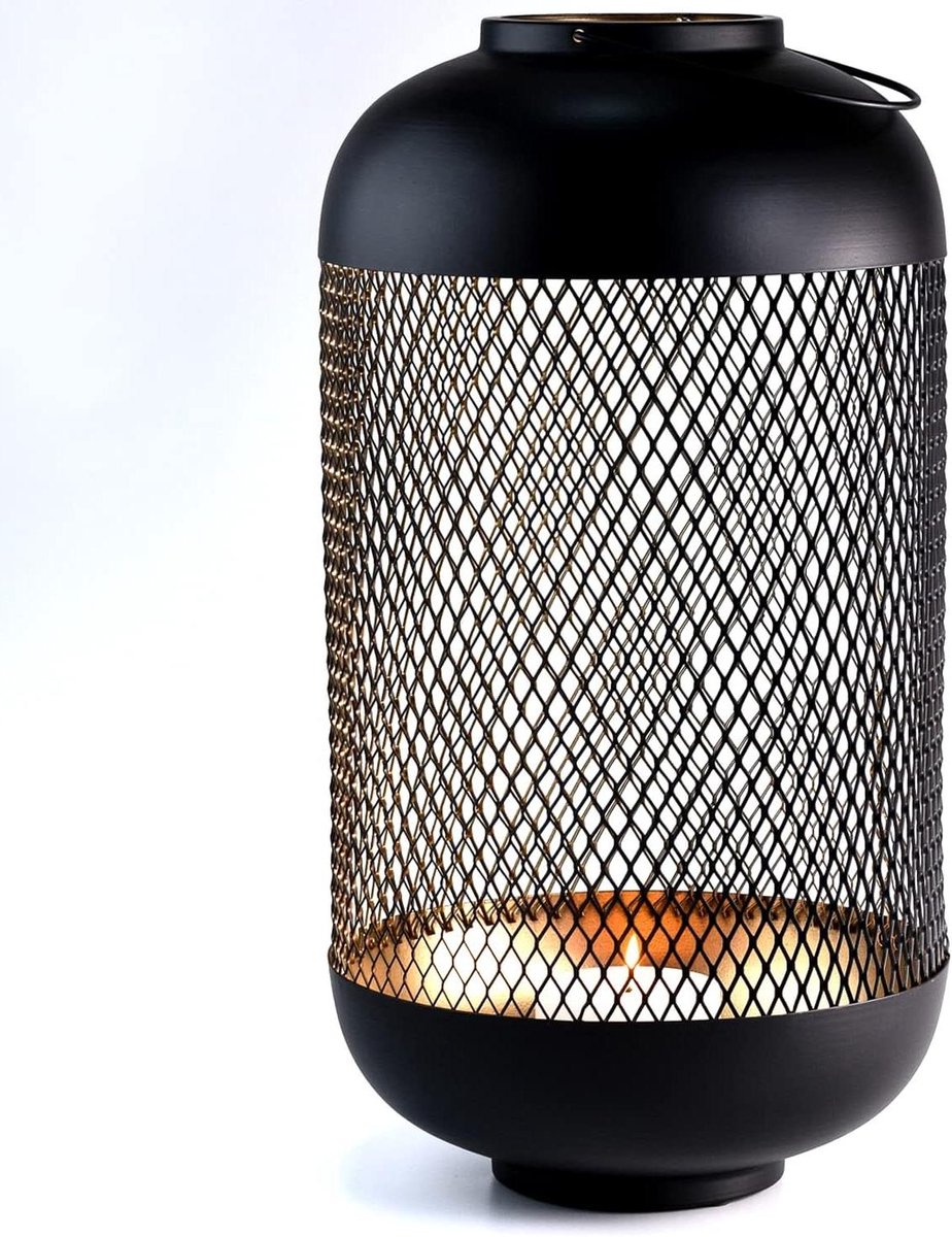 Tuin Lantaarn - Decoratieve Windlicht - Sfeerverlichting Buiten - Modern Scandinavisch Design - 47 cm Hoog - Zwart Goud