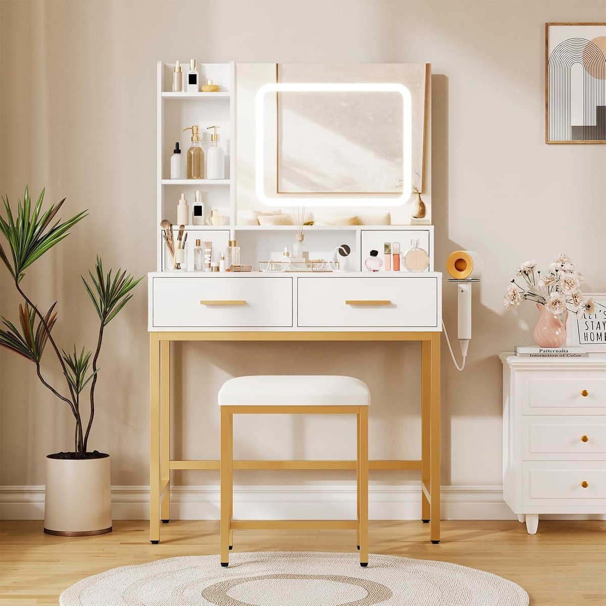 Kaptafel met LED Spiegel en Krukje - Make-up Tafel met Ingebouwd Stopcontact - Wit en Goud - 4 Lades & Zijplanken - 80 cm breed