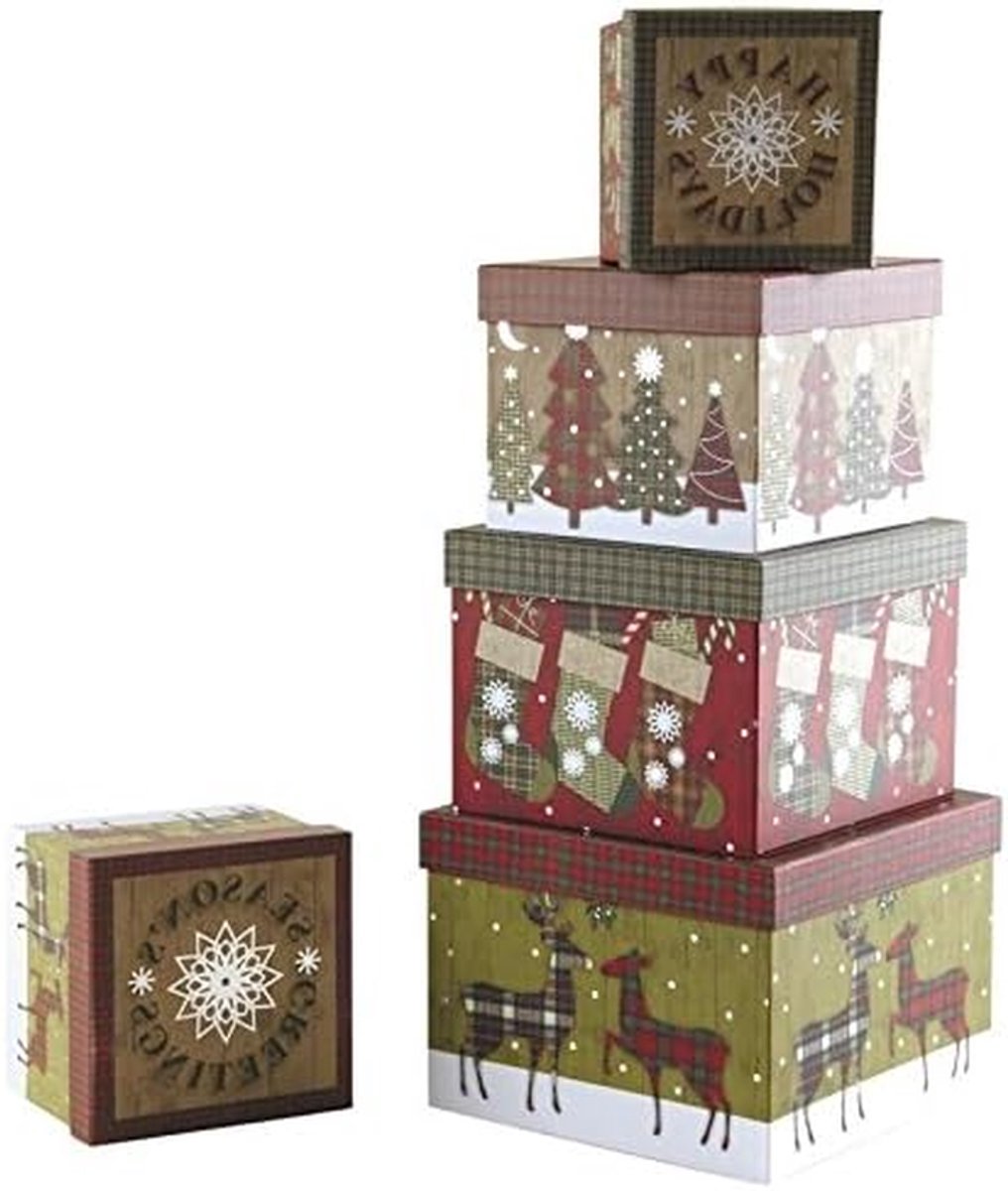 Kerstcadeaudozen Karton - Opbergdozen Decoratie - Kerstversiering Opbergen - Met Deksel - 5 Stuks - Cartoon