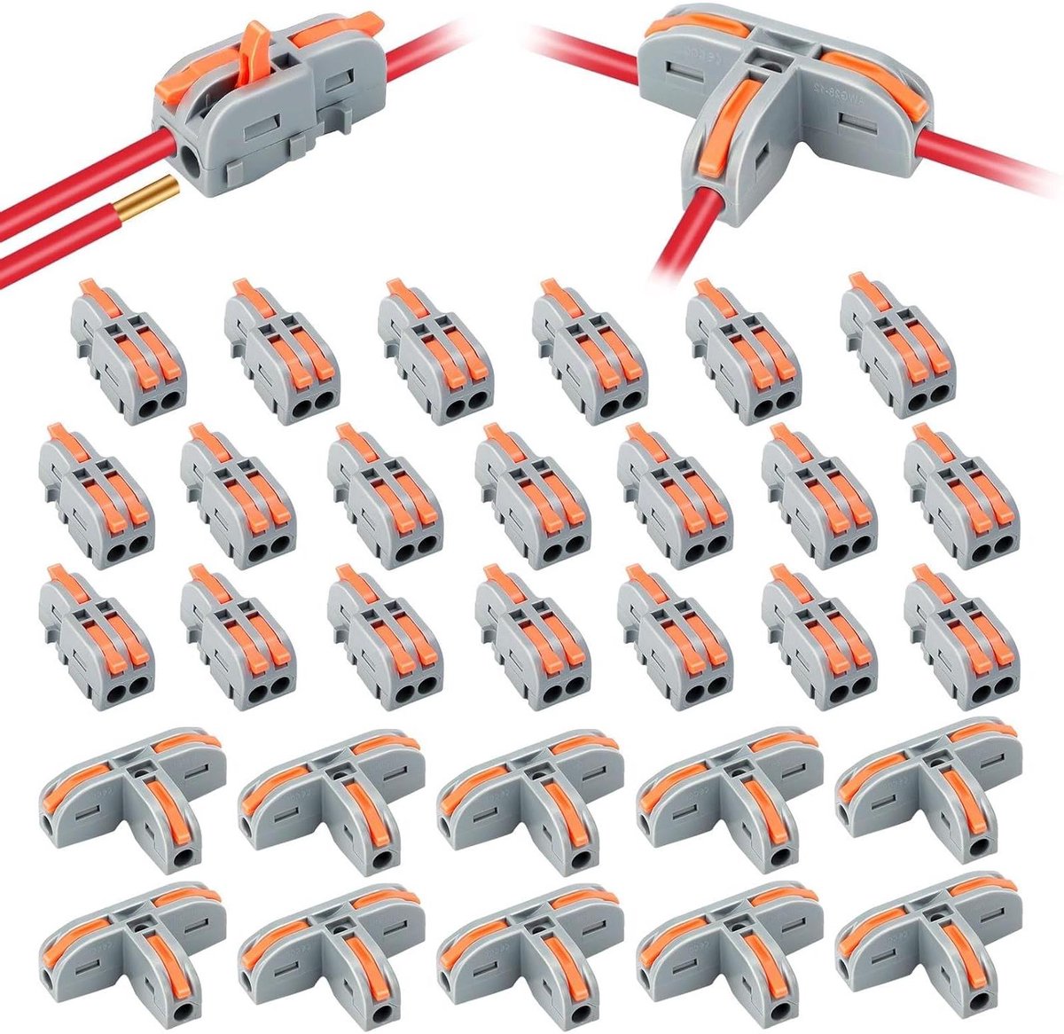 Elektrische Klemblokken - Snelkoppelingen - Bedrading Uitbreiden - T-vorm & Splitter - 30 stuks - Grijs