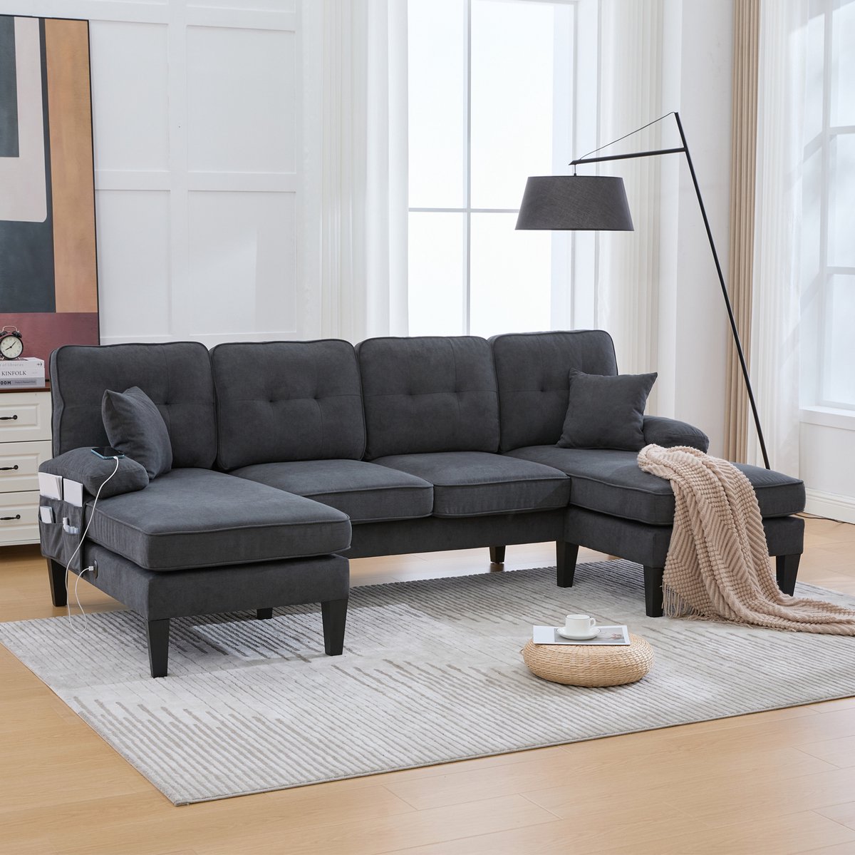 FloraGrace U-Bank 250 x 130 cm - 4-Zits Met Dubbele Chaise Longue, USB En Opbergvakken - Voor Woonkamer - Linnen - Donkergrijs