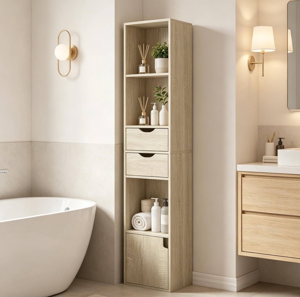 HAUSS SPOLE Boekenkast - Smalle Staande Opbergkast Met 3 Open Vakken 2 Lades En Deur - Voor Woonkamer Kantoor - Hout - 30x24x157,5 Cm - Licht Eiken