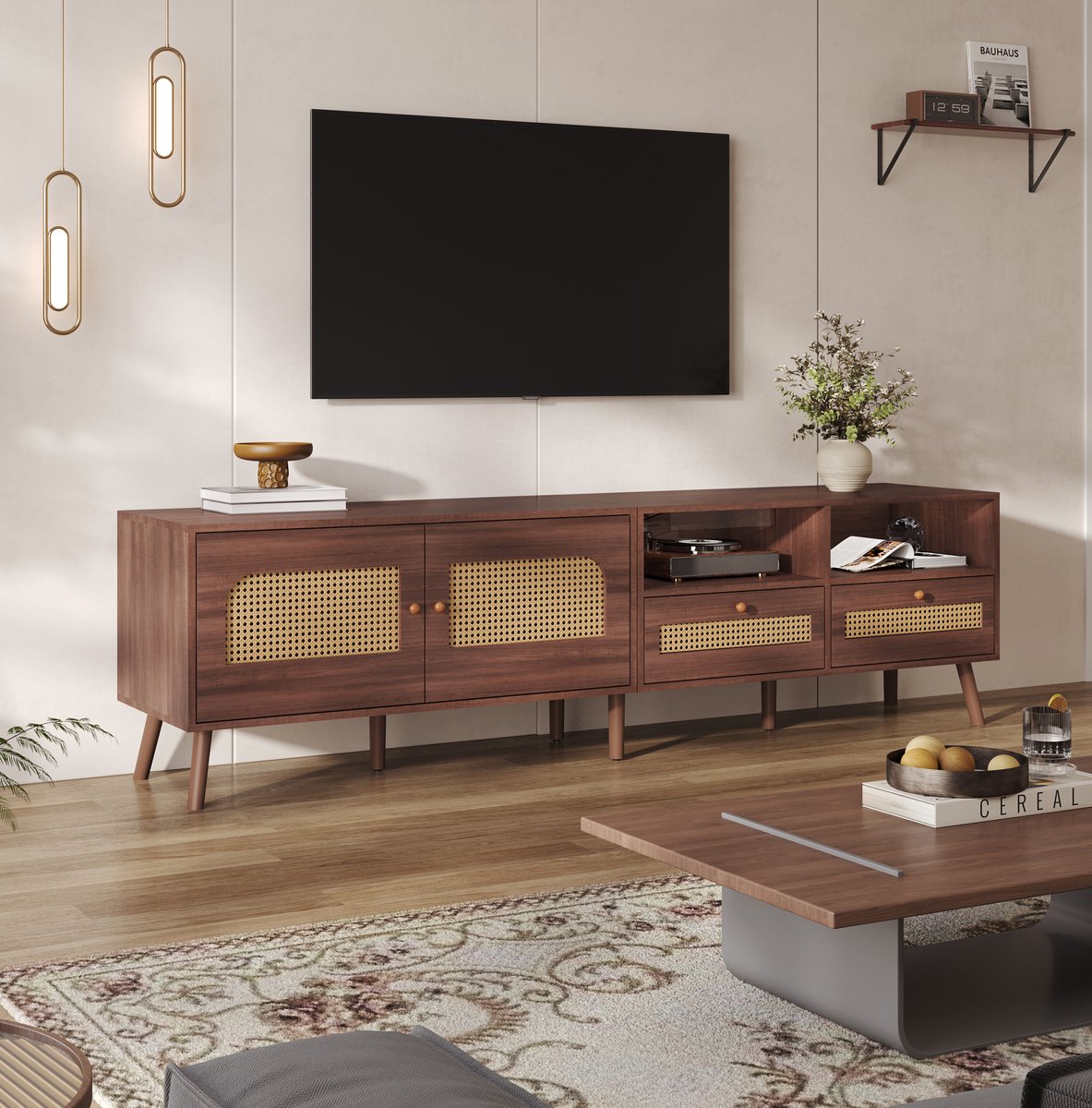 HAUSS SPOLE Dressoir - Tv Kast Met Rattan Deuren En 2 Laden - Voor Woonkamer En Tot 80 Inch Tv - Spaanplaat - 200x37x49,5 Cm - Bruin