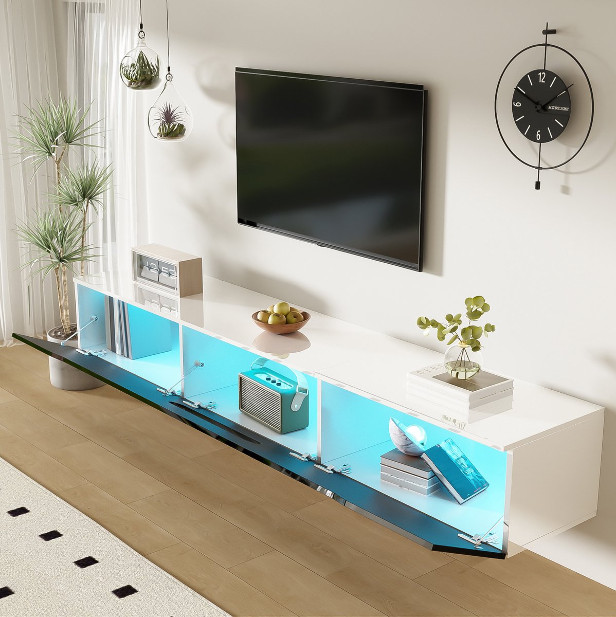 HAUSS SPOLE Dressoir - Tv-Meubel Met 16-Kleuren Ledverlichting En Opbergruimte - Staand Of Wandgemonteerd - MDF En Spaanplaat - 180x35x30 Cm - Zwart Wit