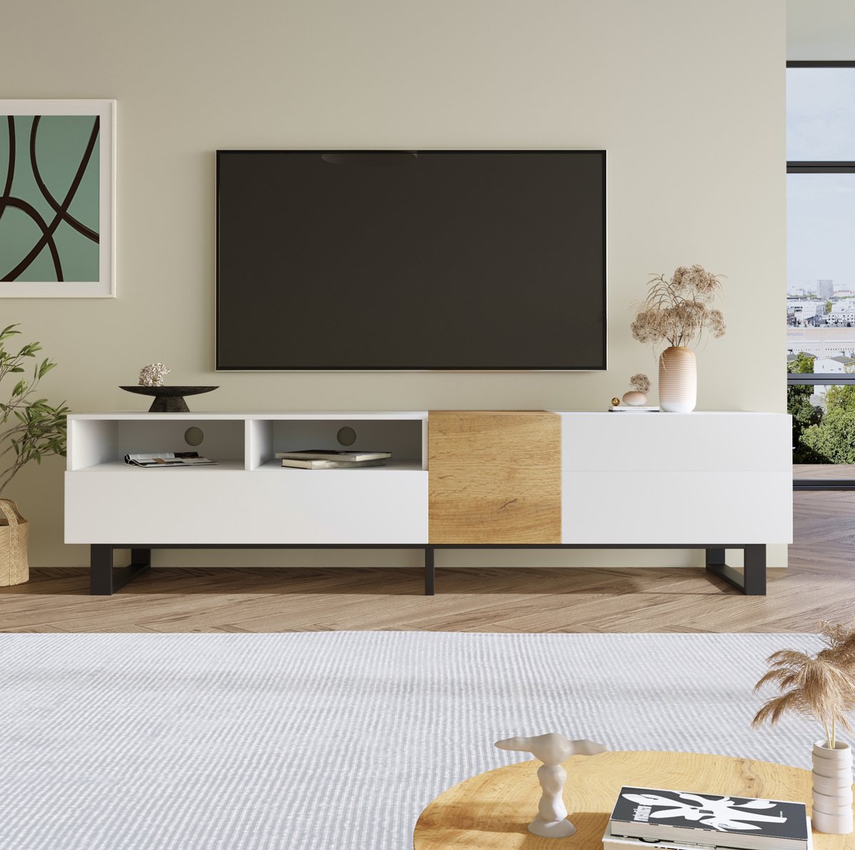 HAUSS SPOLE Dressoir - Tv Meubel Met 2 Lades En 2 Deuren - Moderne Opbergruimte Voor Woonkamer - MDF En Metaal - 180x38x50 Cm - Wit Houtkleur