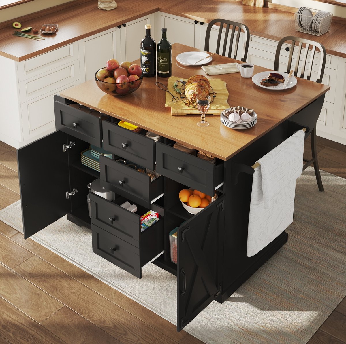 DESMIU Keukenkast - Uitklapbare Keukenwagen Met Opbergruimte En Wielen - Voor Keuken En Eethoek - MDF En Metaal - 147x70x93 Cm - Zwart