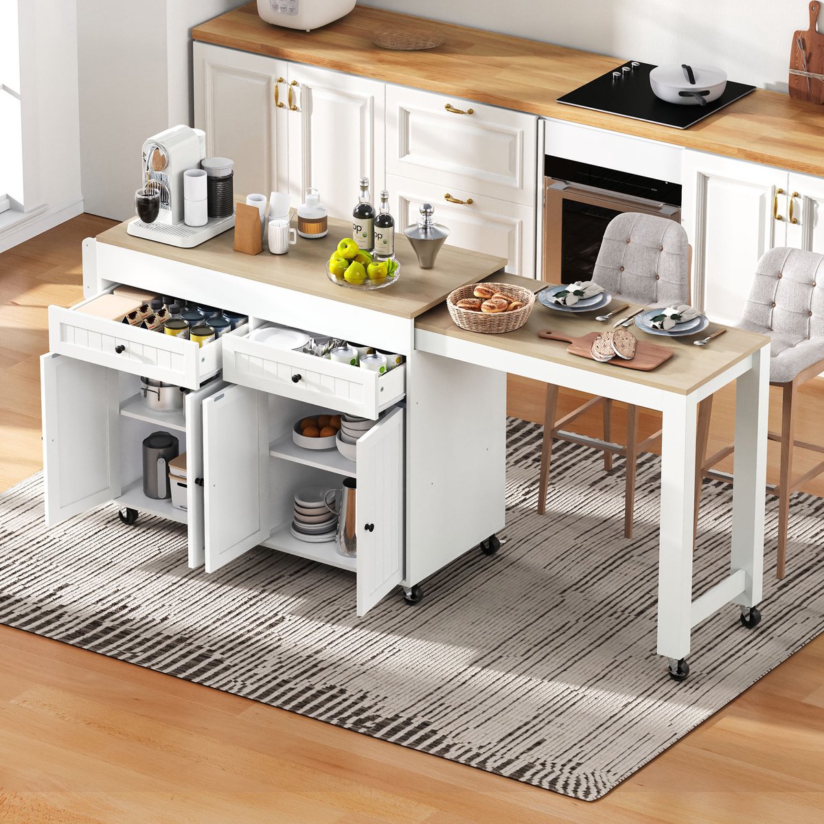 DESMIU Keukenkast - Mobiel Keukeneiland Met Uitschuifbaar Werkblad En Laden - Voor Keuken En Eetkamer - MDF - 112-180,5x45x92,2 Cm - Wit Naturel
