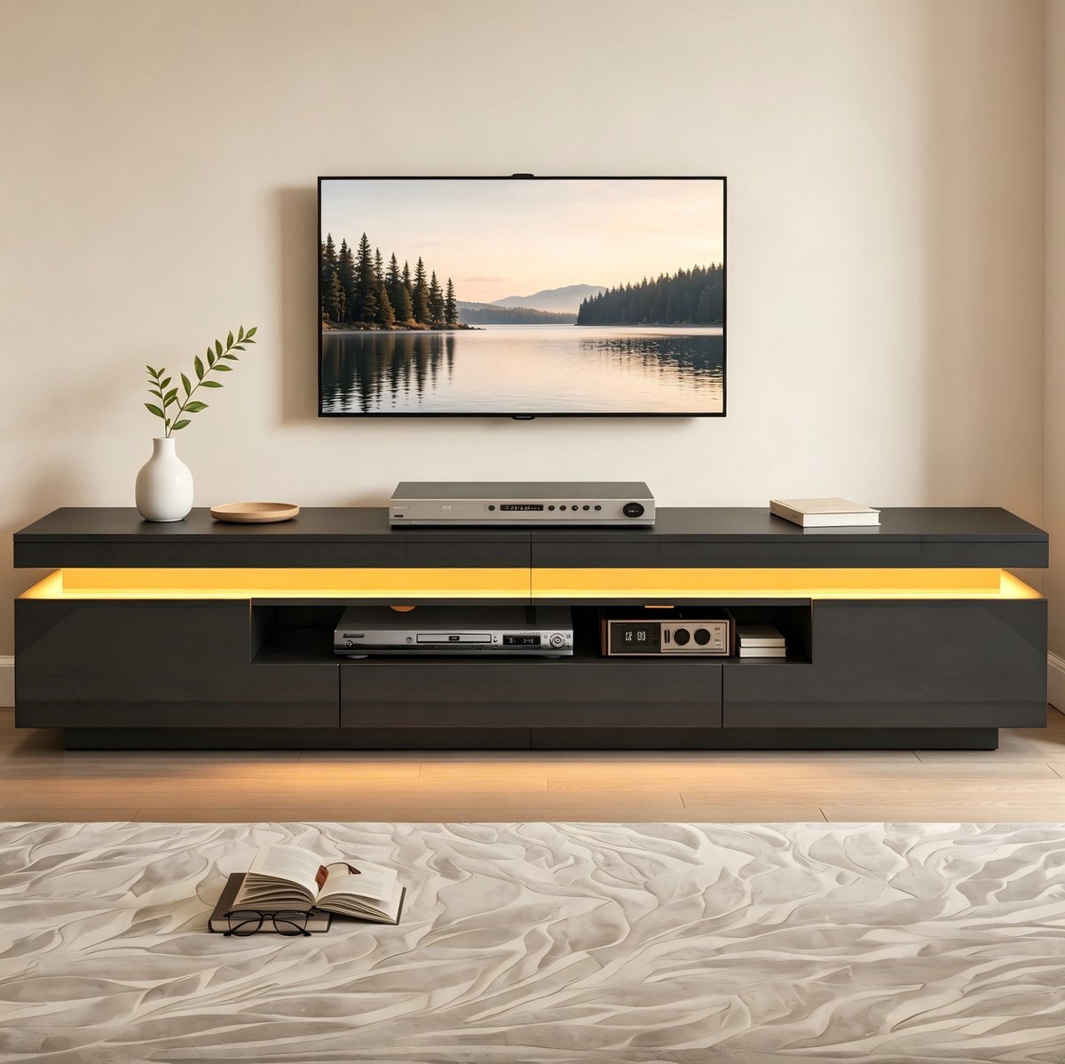 Wishdor - TV-meubel - 175 cm breed - 2 kasten en 1 lade - modern woonkamer lowboard met LED-verlichting - houtlook zwart - voor tv's tot 75 inch