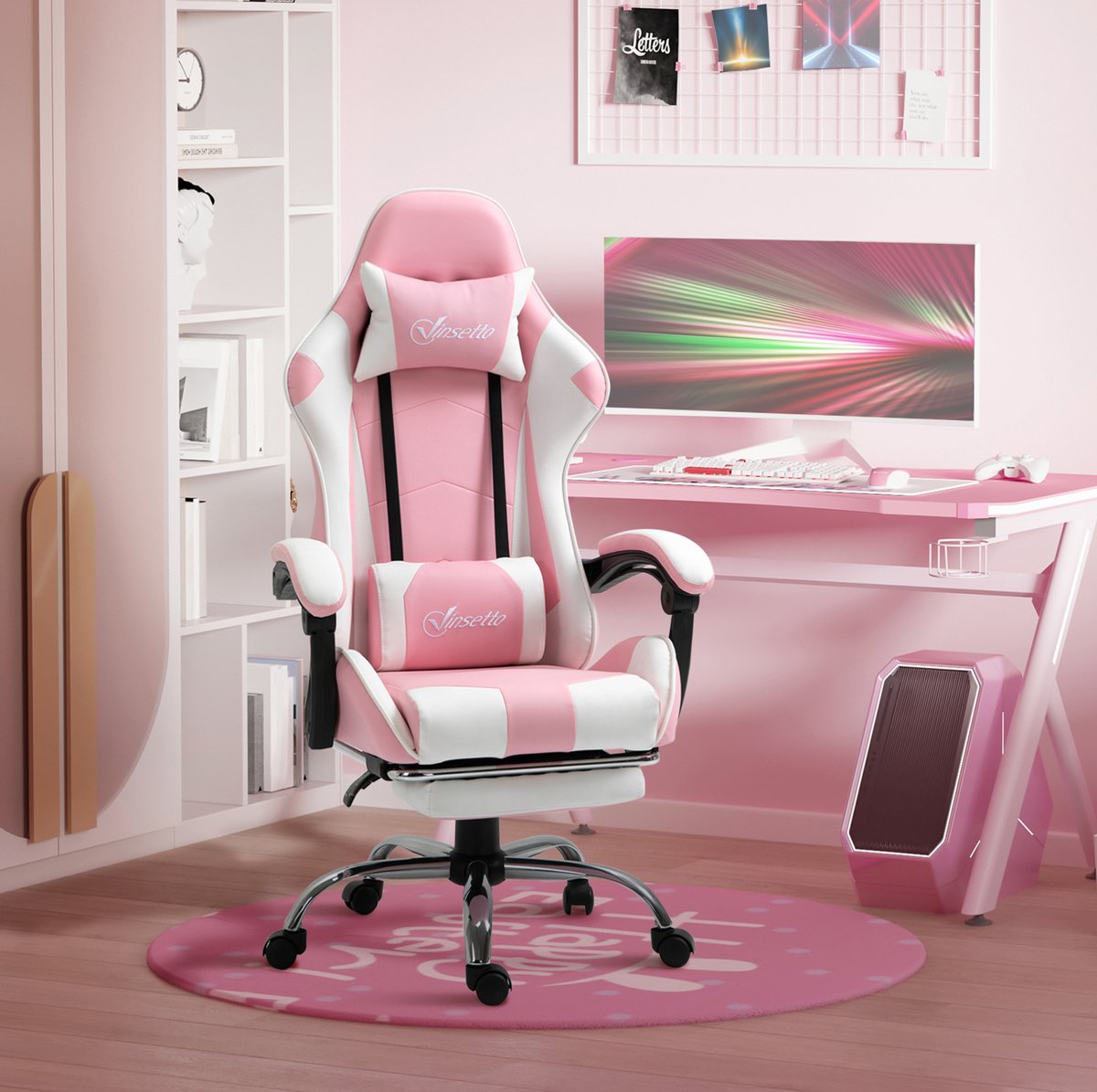 MEUNIQ Gamingstoel ergonomische bureaustoel met kopsteun, lendenkussen, voetsteun, hoogteverstelling, 360° draaibaar en wielen, roze wit