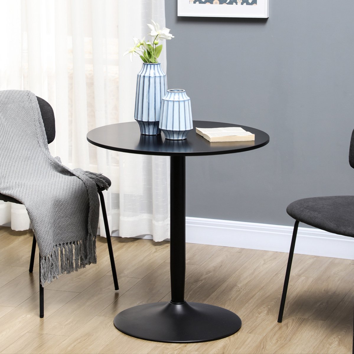 MEUNIQ ronde eettafel 70 x 75 cm voor 2 personen, zwarte keukentafel met MDF tafelblad, gelakte afwerking en stalen voet voor keuken of eetkamer