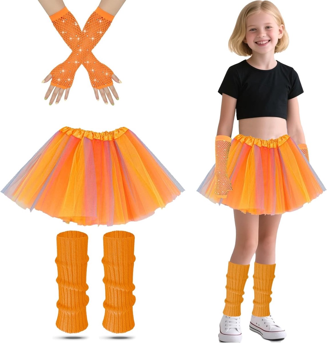 80s Kostuum voor Meisjes met Neon Beenwarmers, Visnet Handschoenen en Tutu Jurk voor Themaparty