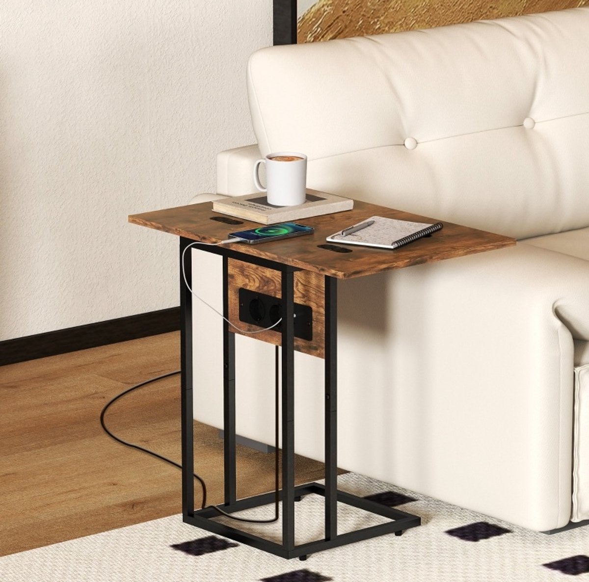 MEUNIQ opklapbare bijzettafel 39 x 29 x 57 cm met uitschuifbaar blad, laadstation met 2 stopcontacten, USB en USB-C, C-vormig metalen frame, bruin