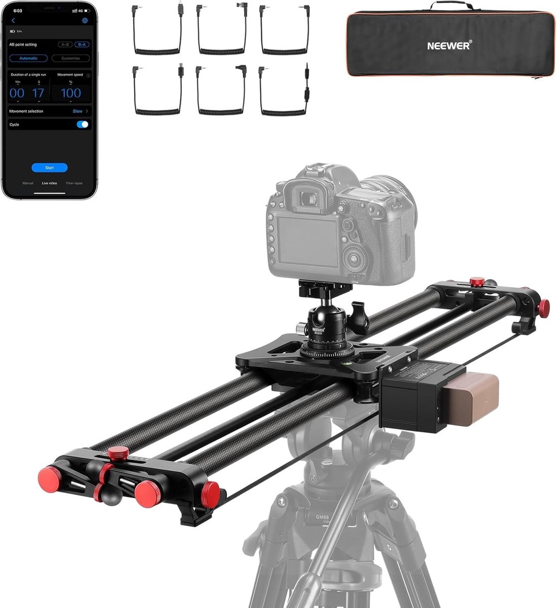 Motorized Camera Slider 80cm voor DSLR, Carbon Fiber Dolly Rail met App Controle, 4400mAh F750 Accu voor Tijdverloop Fotografie en Videomodus, Inclusief Stevige Constructie