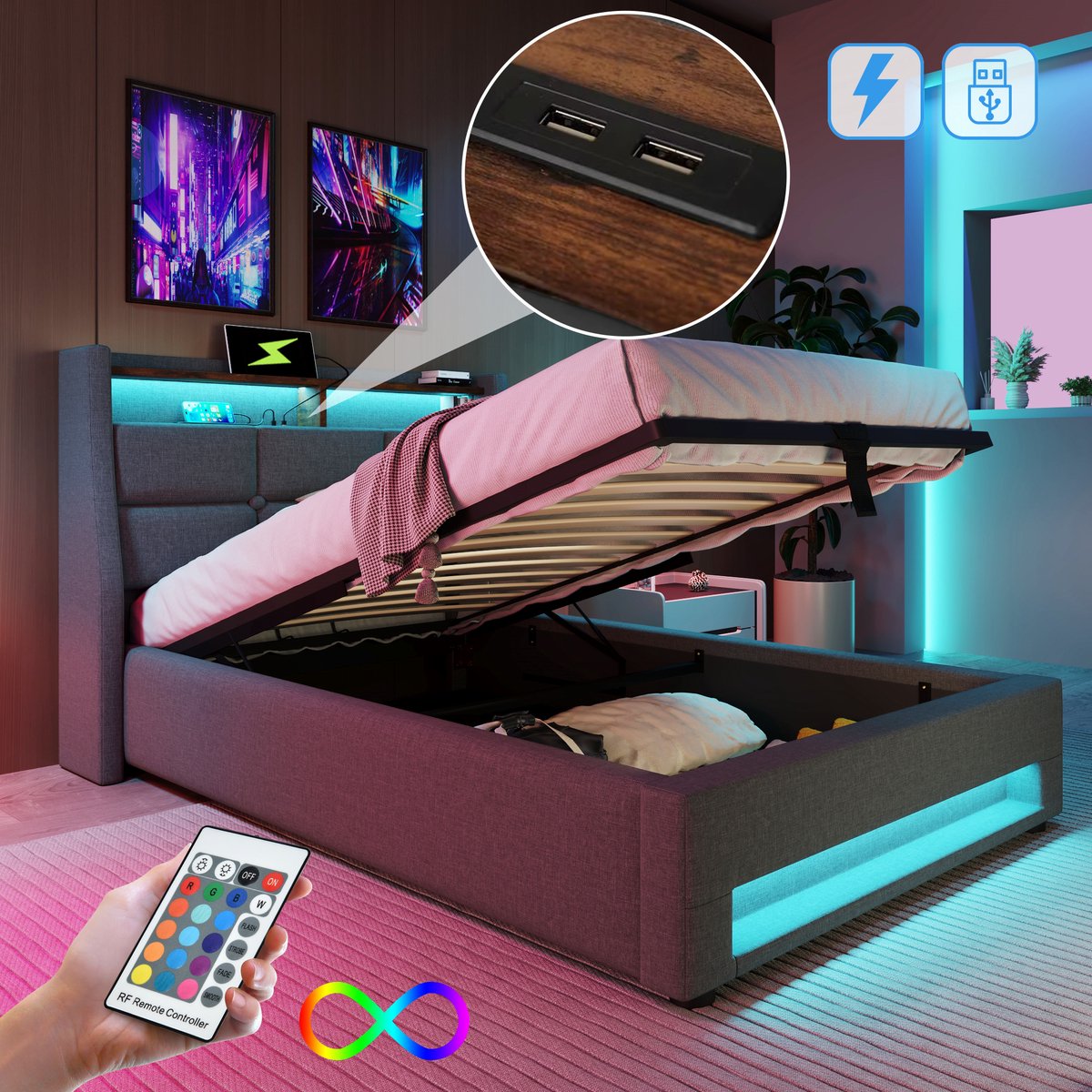 Polsterbed Eenpersoonsbed 90x200 cm - USB Laadfunctie - LED Verlichting - Opbergruimte - Met Lattenbodem - Linnen - Grijs - Metaal
