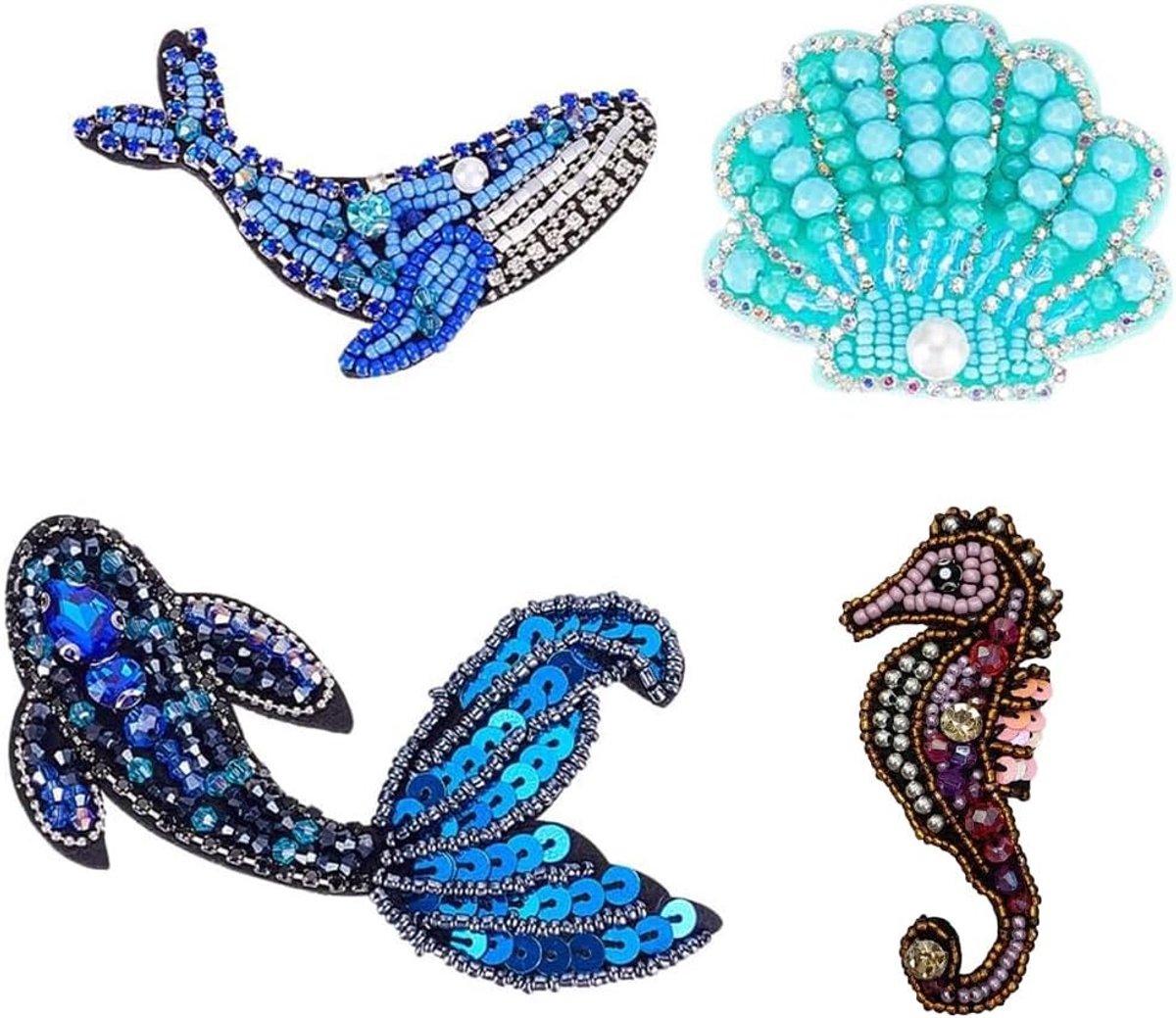 4 Stuks Oceaan Dieren Geborduurde Strass Applicaties, Zeester en Schelp Patches voor DIY Craft, Jurk, Kostuum en Tas Decoratie