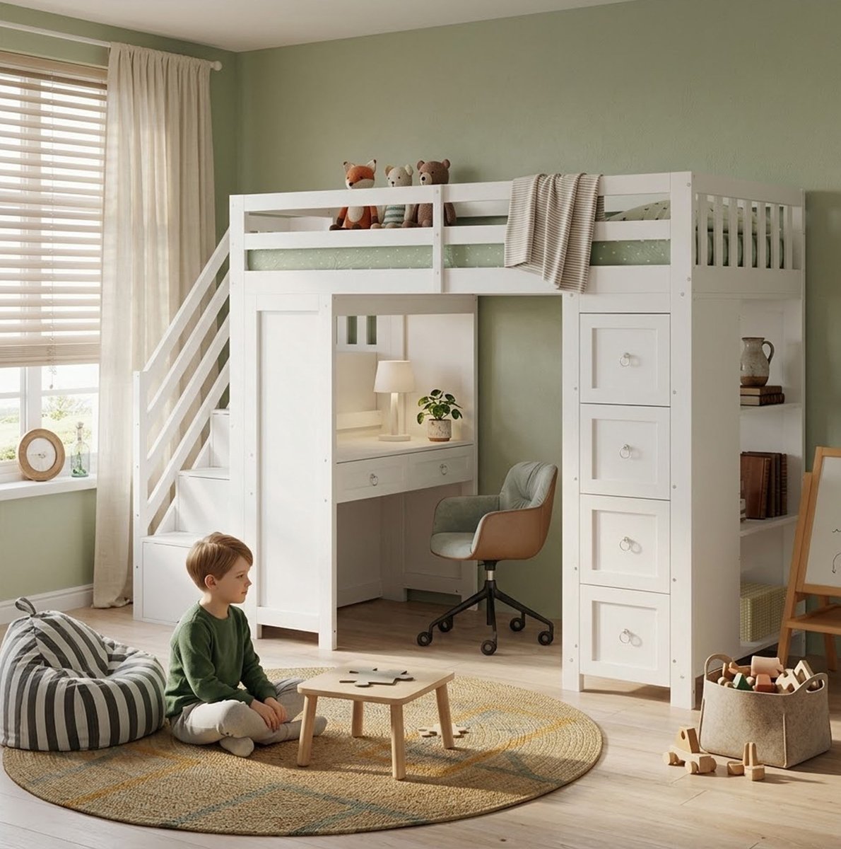 STILVORA Hoogslaper 90x200 cm – Kinderbed met Bureau en Opbergruimte – Trap met Opbergvakken – Zonder Matras – Hout MDF Spaanplaat – Wit