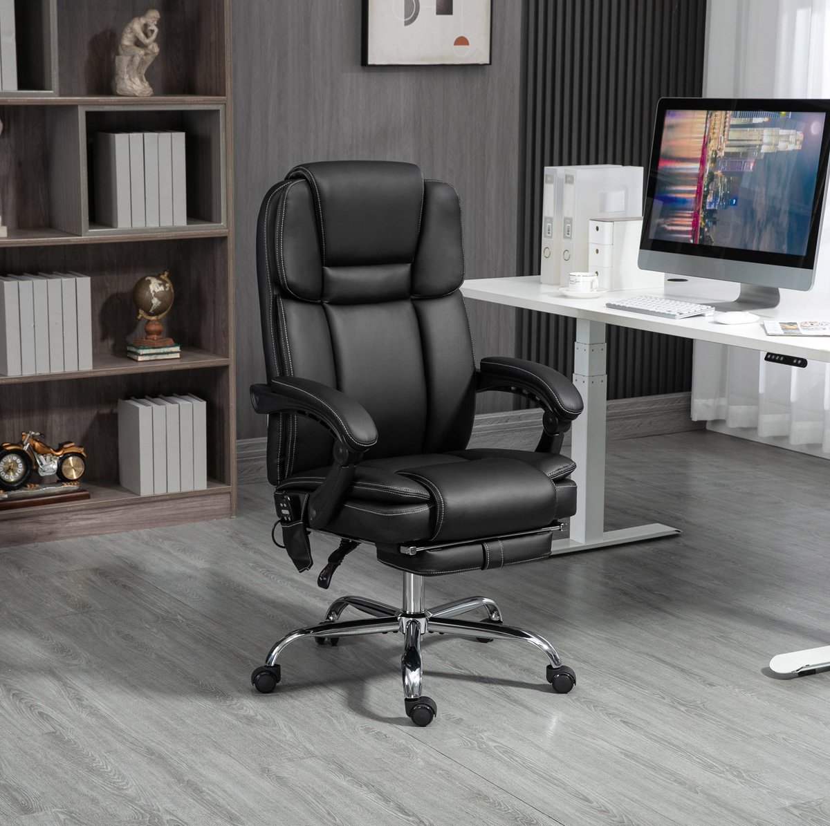 MIVRAY Bureaustoel 66 x 67 x 118-126 cm - Met Vibratiemassage, Verwarming En Voetsteun - Voor Kantoor En Thuiswerkplek - Kunstleer Zwart