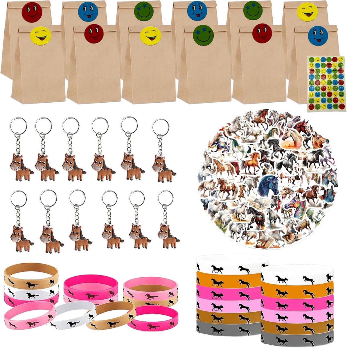 Thijox - 96 stuks paardenfeestcadeautjes voor kinderverjaardag, western cowboy decoratie, 12 siliconen armbanden, 12 geschenkzakjes, 12 sleutelhangers