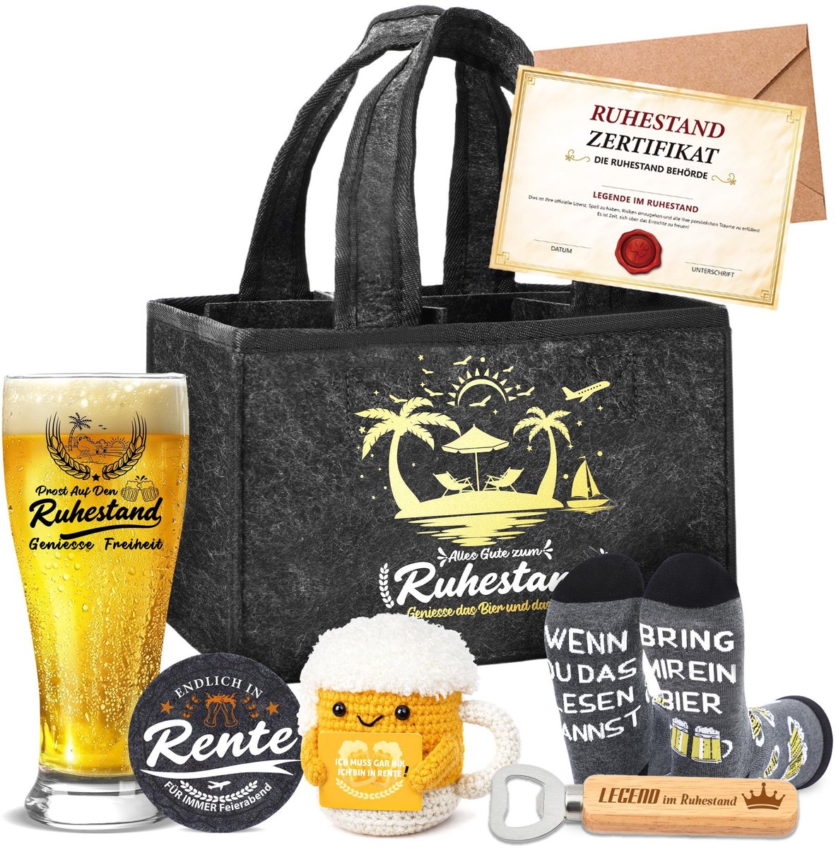 Dailygoods- Pensioengeschenk Premium Bierglazenset - Cadeau voor Gepensioneerden - Afscheidscadeau Collega's - Mannenhandtas Bier - Grappige Sokken - Pensioencertificaat - Cadeauset