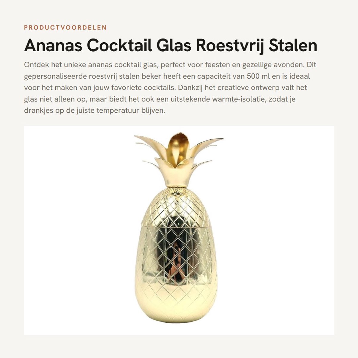 Dailygoods- Cocktailglas 500 ml - Creatieve Ananasvorm - Roestvrij Stalen Beker - Duurzaam Drinkglas - Ergonomisch Ontwerp - Geschikt voor Speciale Gelegenheden - Drankglas