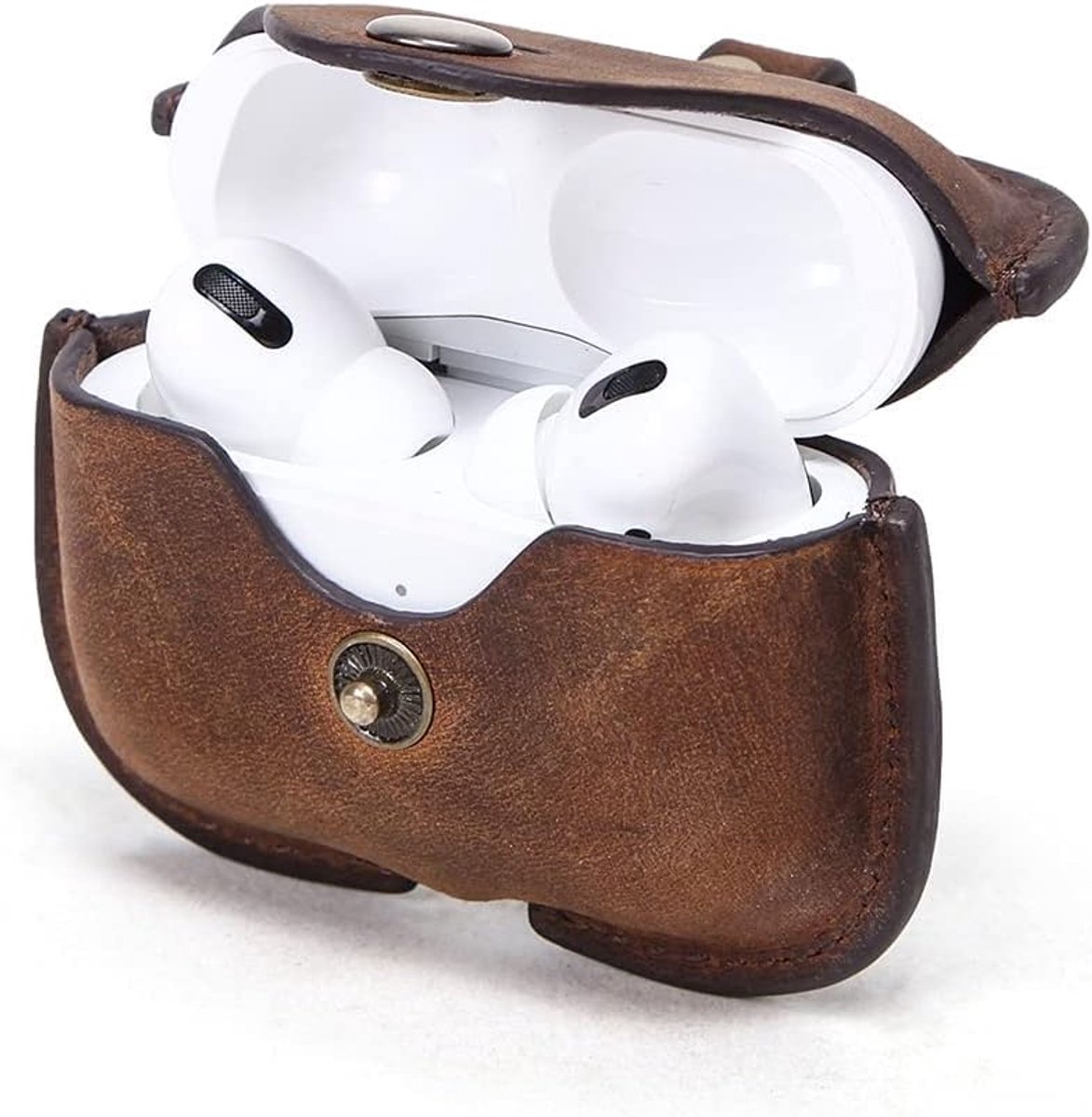 Thijox - Draagbare Lederen Reiskoffer voor AirPods Pro - Echt Leer, Crazy Horse Koeienhuid, Hoofdtelefoon Oplaadcase met Gesp, Ideaal voor Reizen, Sti